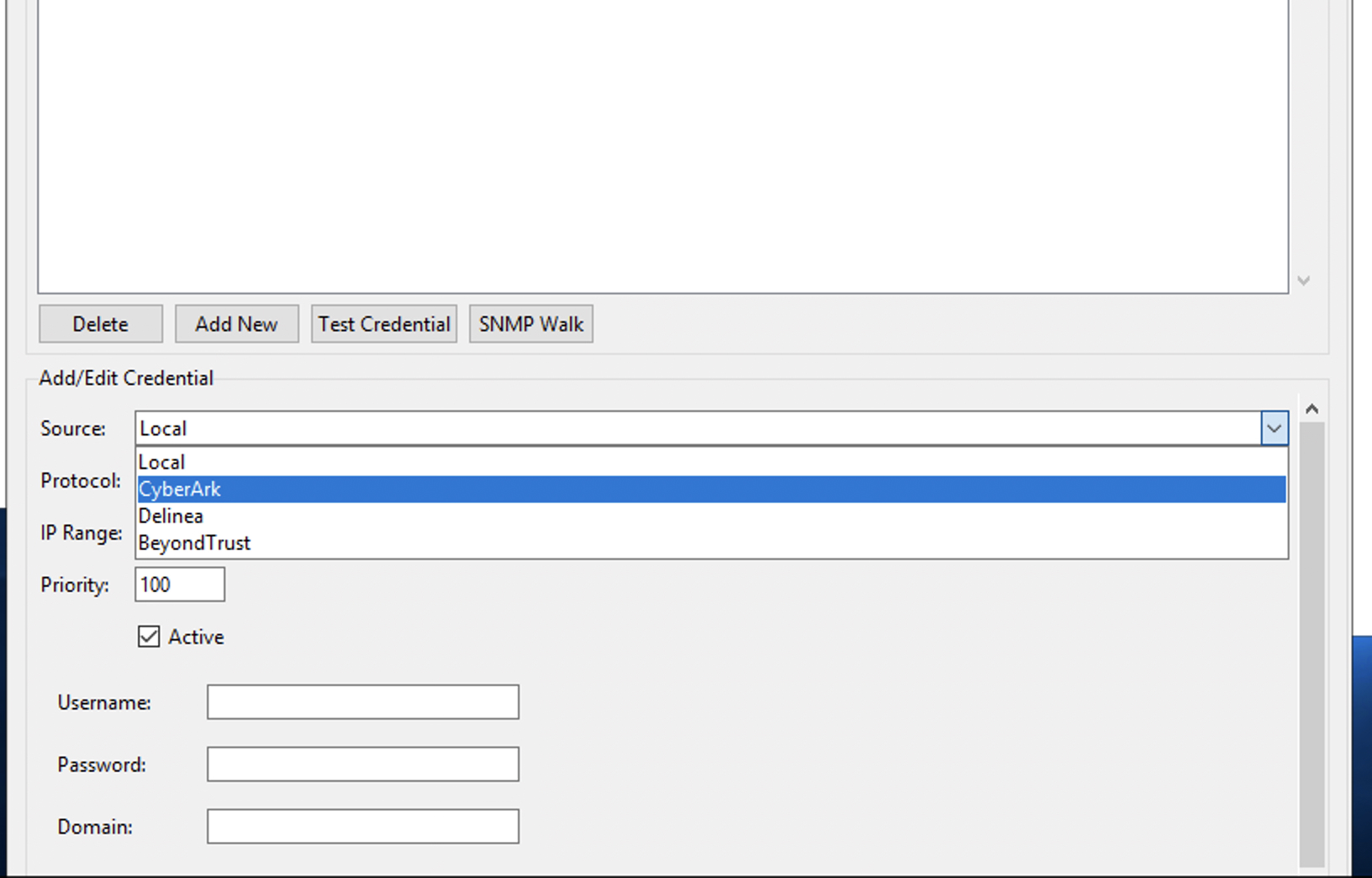 Source dropdown showing CyberArk, Delinea, and BeyondTrust options