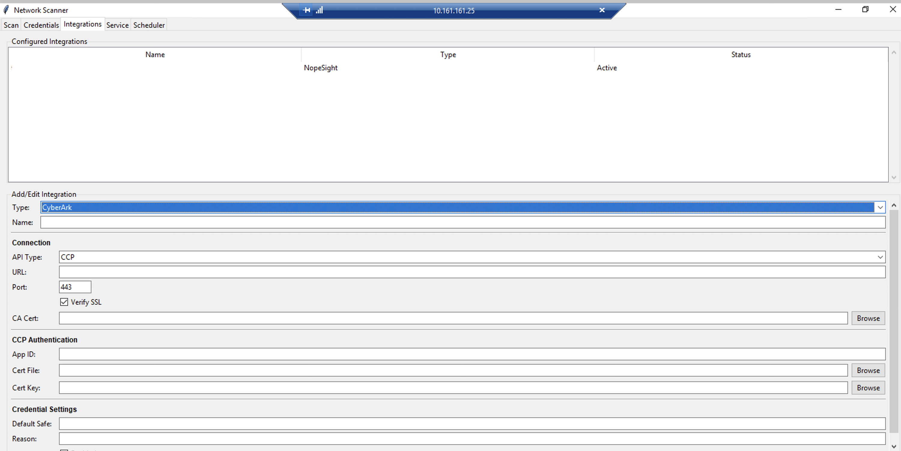 Integrations tab with CyberArk CCP mode selected, showing App ID, Cert File, and Cert Key fields
