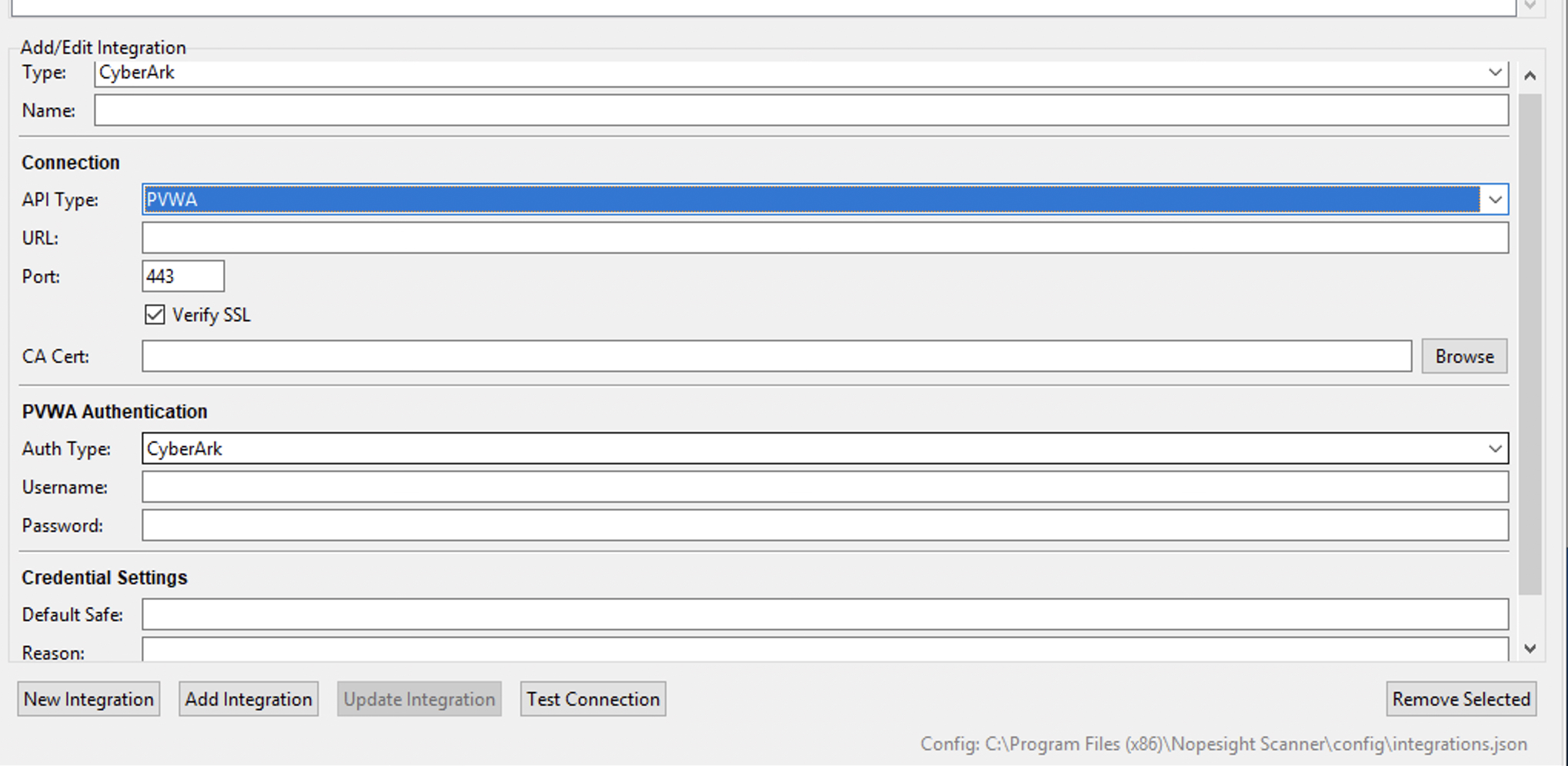 Integrations tab with CyberArk PVWA mode selected, showing Auth Type, Username, and Password fields